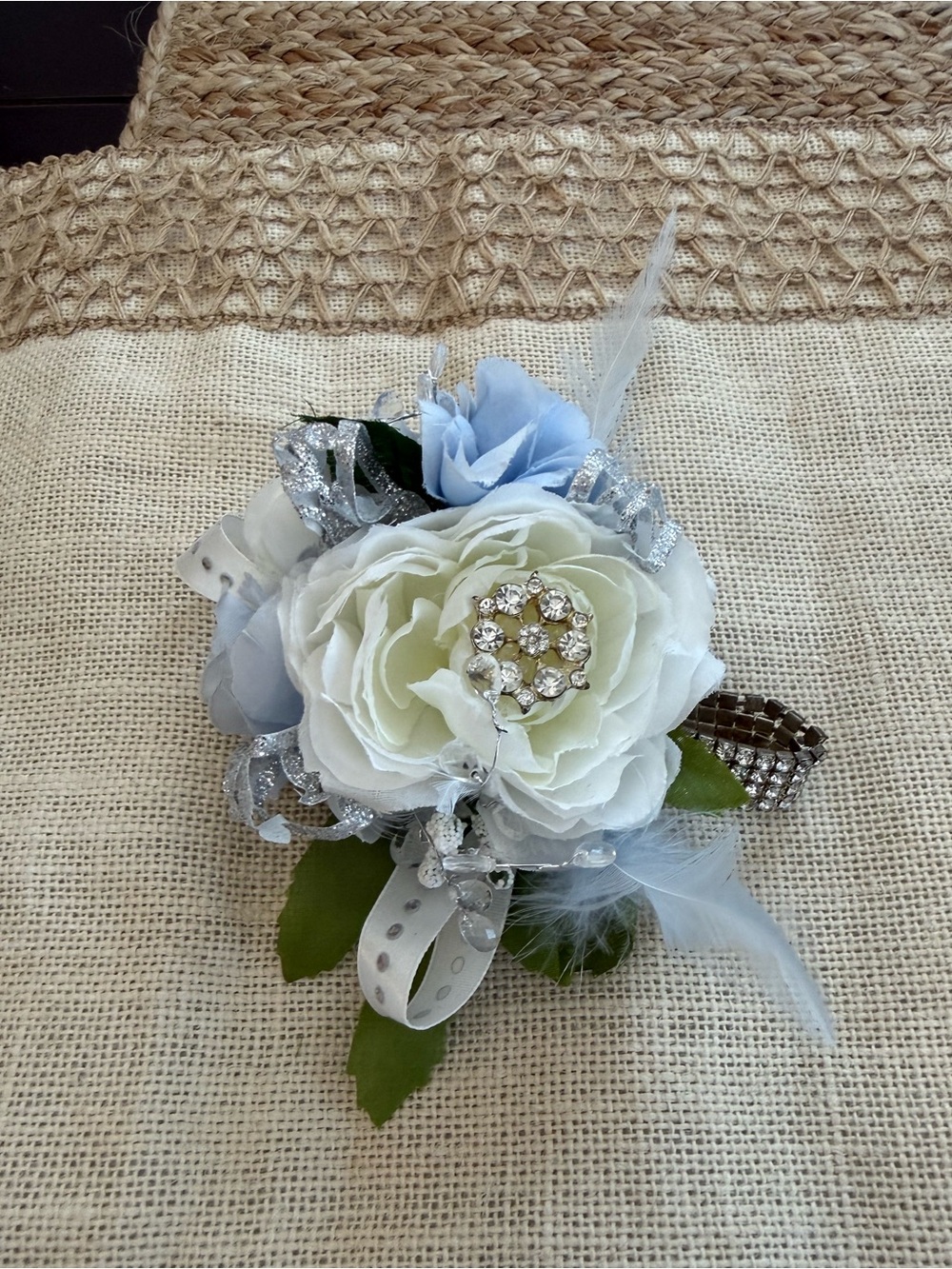 White and Light Blue Floral wrist Corsage with Rhinestone Center and wrist